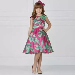 Vestido Folhagens<BR>- Rosa Escuro & Verde