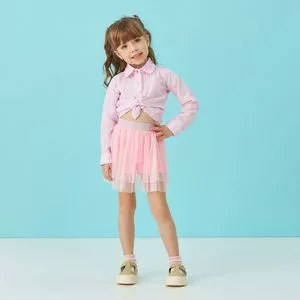 Conjunto De Camisa Xadrez & Saia Em Tule<BR>- Rosa Claro & Branco<BR>- Málagah