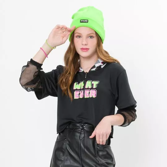 Blusa Juvenil Com Capuz- Preta & Verde Claro