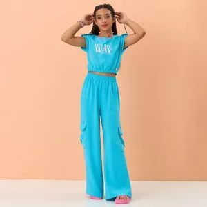 Conjunto De Cropped Com Inscrições & Calça Reta<BR>- Azul