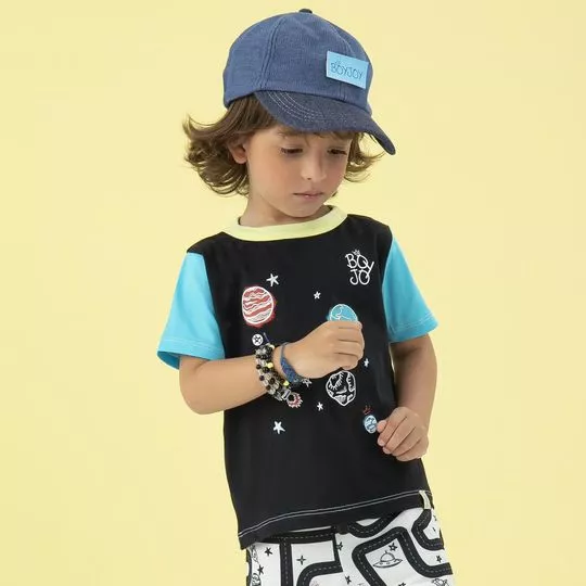 Camiseta Planetas- Preta & Azul- Boy Joy