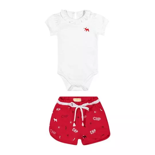 Conjunto De Body & Short Com Inscrições- Branco & Vermelho Escuro