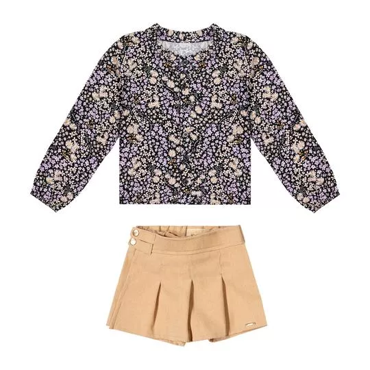 Conjunto De Blusa Floral & Short Saia Aveludado- Preto & Bege