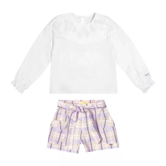 Conjunto De Blusa & Short Xadrez- Branco & Lilás