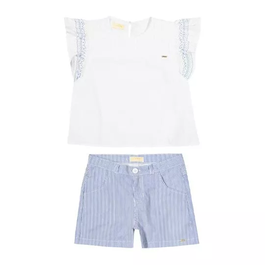 Conjunto De Blusa & Short Listrado- Branco & Azul