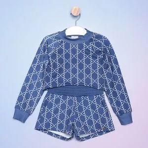 Conjunto De Blusão Cropped & Short Corações<BR>- Azul Marinho & Branco<BR>- Luluzinha