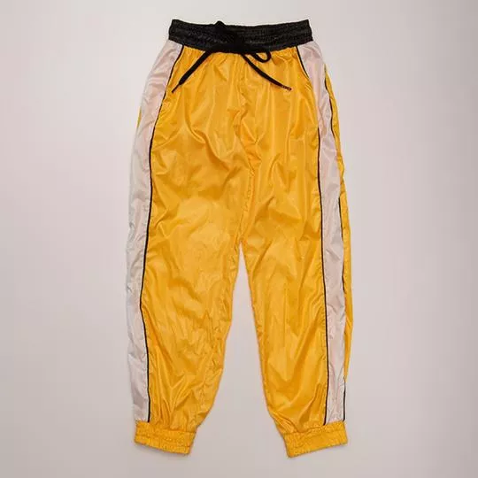 Calça Jogger Com Recortes- Amarelo Escuro & Off White- Mylu