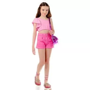 Conjunto De Cropped & Short Com Recortes<BR>- Rosa<BR>- Mylu