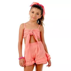 Conjunto De Cropped & Short Com Babados<BR>- Laranja Claro<BR>- Mylu