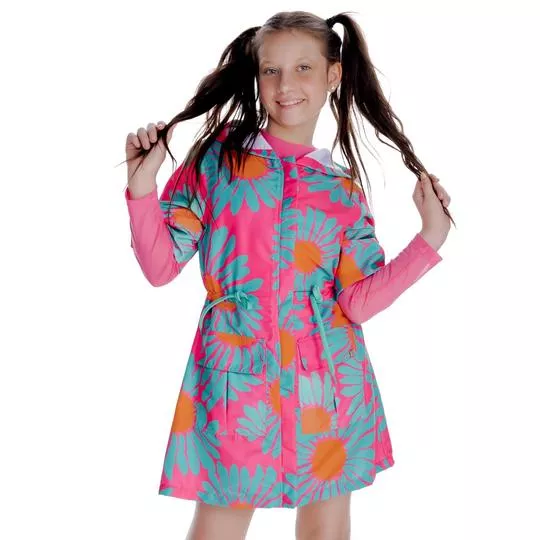 Parka Alongada Floral- Rosa & Azul Turquesa- Mylu