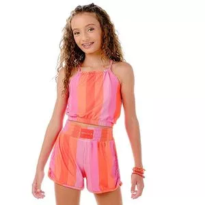 Conjunto De Cropped & Short Canelado<BR>- Rosa & Laranja<BR>- Mylu