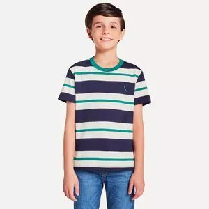 Camiseta Listrada<BR>- Branca & Azul Marinho