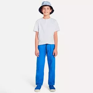 Calça Reta Com Franzidos<BR>- Azul