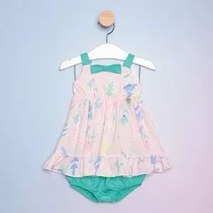 Conjunto De Vestido & Calcinha Boneca Floral<BR>- Rosa Claro & Verde Água<BR>- Mon Sucré