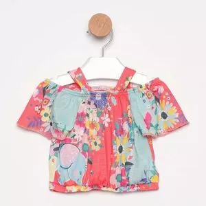 Blusa Floral<BR>- Rosa & Azul Claro