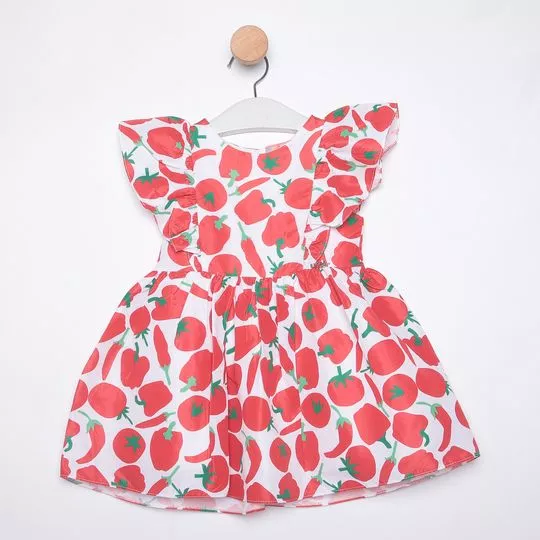 Vestido Legumes Com Babados- Branco & Vermelho