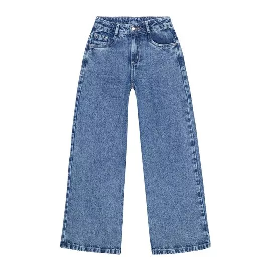 Calça Jeans Reta Com Recortes- Azul Marinho