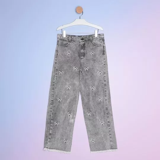 Calça Jeans Wide Leg Com Bordados- Cinza- Petit Cherie