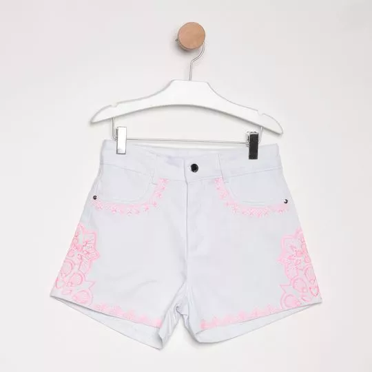 Short Em Sarja Com Bordados- Branco & Rosa Neon