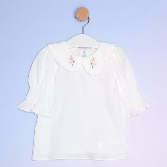 Blusa Com Bordado- Branca & Rosa