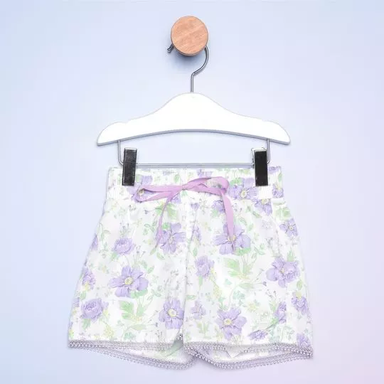 Short Floral Com Renda- Branco & Lilás