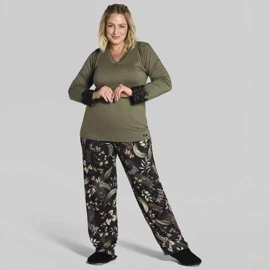 Pijama Com Renda- Verde Militar & Preta
