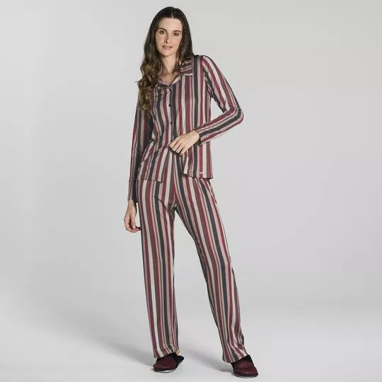 Pijama Listrado- Vermelho Escuro & Marrom Claro