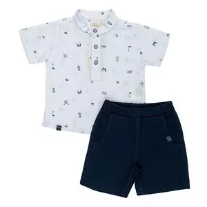 Conjunto De Polo Golfe & Bermuda Em Sarja<BR>- Branco & Azul Marinho