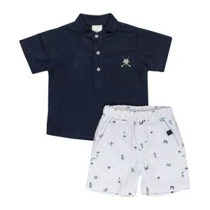 Conjunto De Bata & Bermuda Com Franzidos<BR>- Azul Marinho & Branco