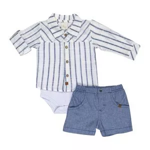 Conjunto De Body & Short Em Sarja<BR>- Off White & Azul