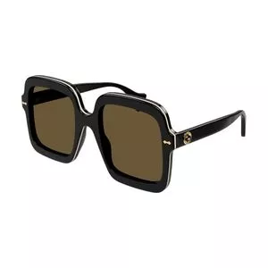 Óculos De Sol Quadrado<BR>- Preto & Dourado<BR>- Gucci