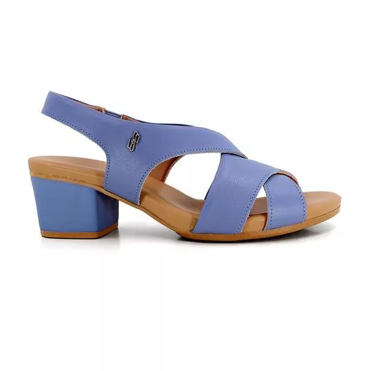 Sandália Em Couro Com Tiras Cruzadas- Azul- Salto: 5,5cm