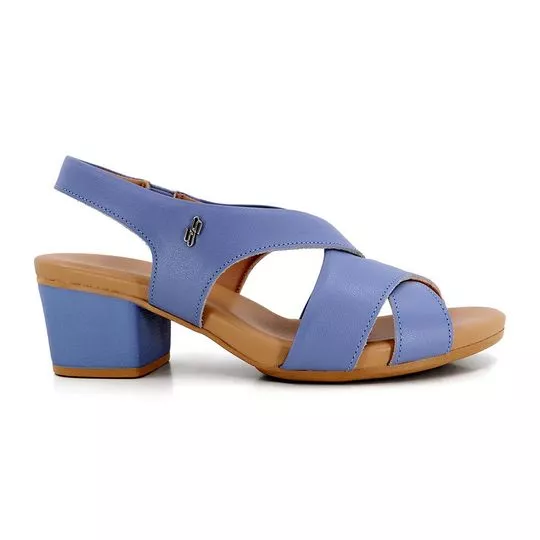 Sandália Em Couro Com Tag- Azul- Salto: 5cm