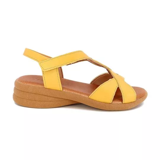 Sandália Em Couro Com Tiras Trançadas- Amarela- Salto: 4cm