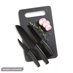 Jogo De Facas Santoku<BR>- Inox & Preto<BR>- 4Pçs<BR>- Oster