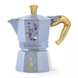 Cafeteira Moka Express Bridgerton<BR>- Azul Claro & Dourada<BR>- 130ml<BR>- Bialetti