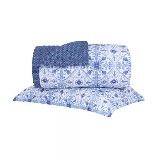 Conjunto De Colcha Sant Anna Arabescos Solteiro- Branco & Azul- 2Pçs- 180 Fios