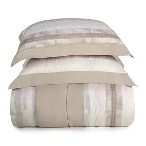 Conjunto De Colcha Conectada Listrado King Size<BR>- Bege & Off White<BR>- 3Pçs<BR>- 300 Fios<BR>- Altenburg