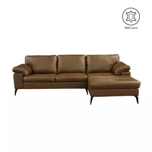 Sofá Bipartido Asti Em Couro 3 Lugares Com Chaise Direito<BR>- Marrom<BR>- 86x272x177cm<BR>- Mempra