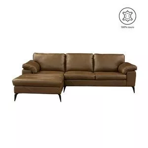 Sofá Bipartido Asti Em Couro 3 Lugares Com Chaise Esquerdo<BR>- Marrom<BR>- 86x272x177cm<BR>- Mempra