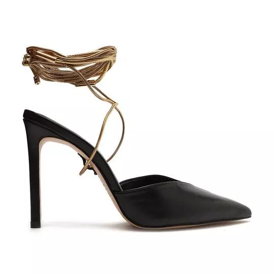 Slingback Em Couro Com Corrente Metalizada- Preto & Dourado- salto: 10cm- Schutz