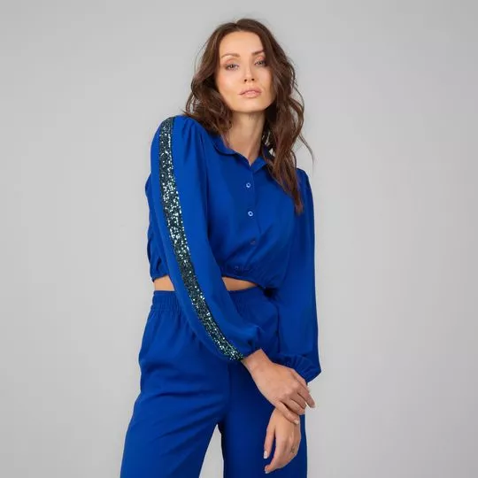 Camisa Cropped Com Paetê- Azul Royal