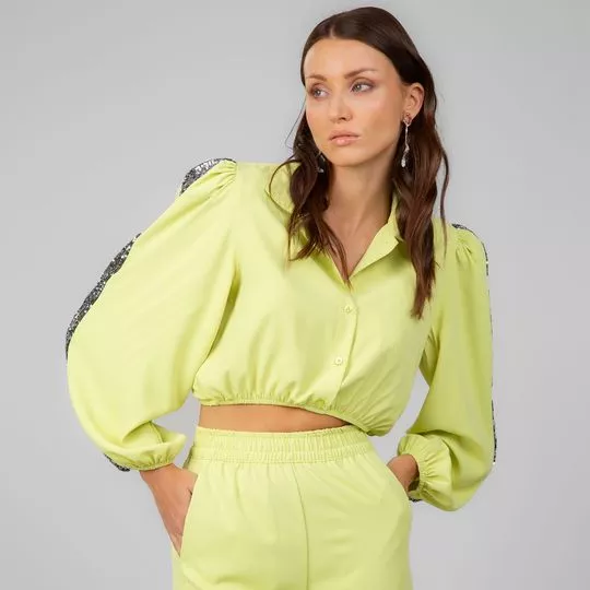 Camisa Cropped Com Paetê- Verde Limão