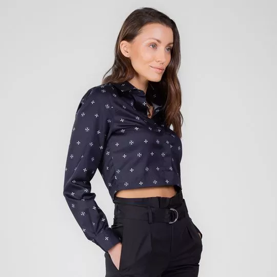 Camisa Cropped Com Recortes- Preta