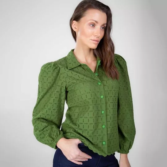 Camisa Em Laise Com Franzidos- Verde