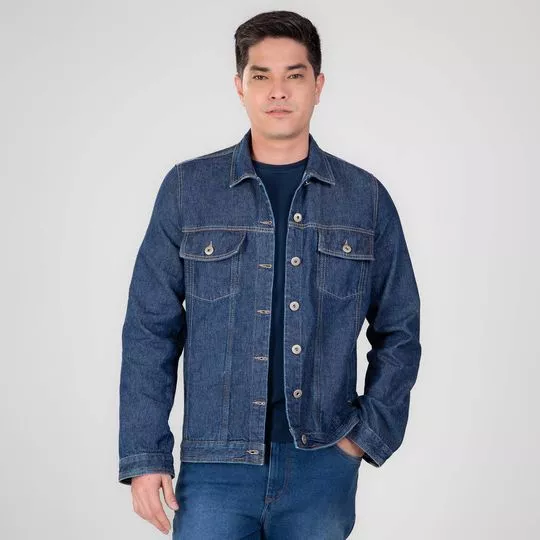 Jaqueta Jeans Com Recortes- Azul Escuro