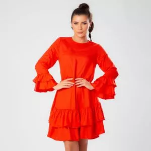 Vestido Curto Com Babados<BR>- Laranja