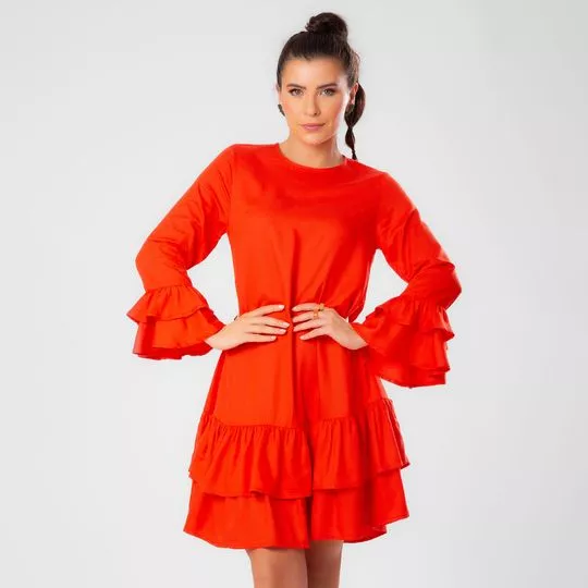 Vestido Curto Com Babados- Laranja