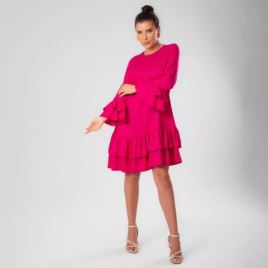 Vestido Curto Com Babados- Pink