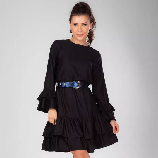 Vestido Curto Com Babados- Preto